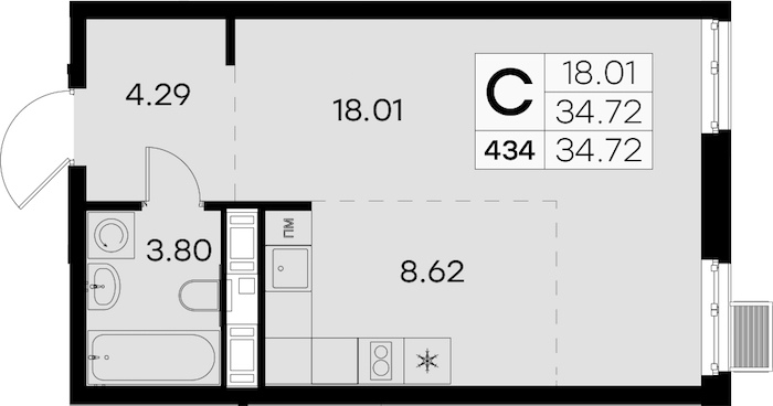 Квартира студия 34.72 м², 4/8 эт., ЖК «Glorax City Балтийская»